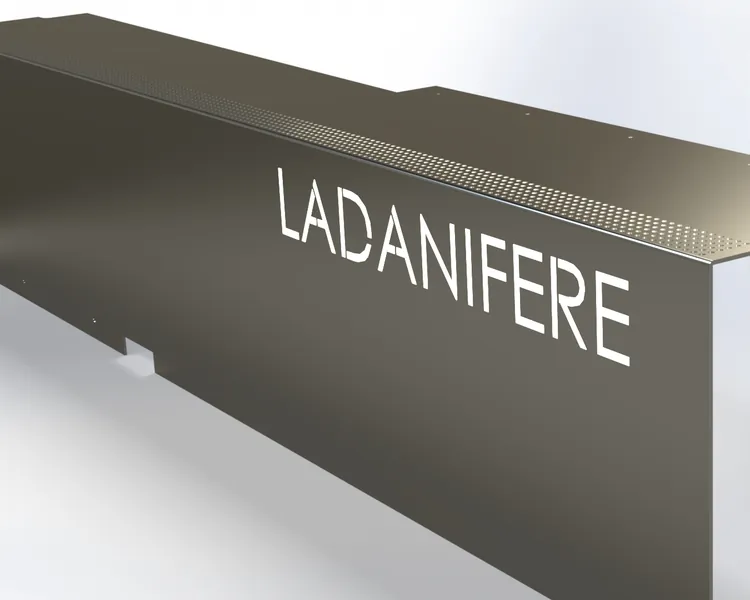 3D CAD render of a laser-cut, folded steel step with Ladanifere lettering