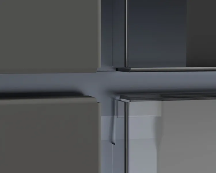 3D design render of a glass panel and cladding junction detail